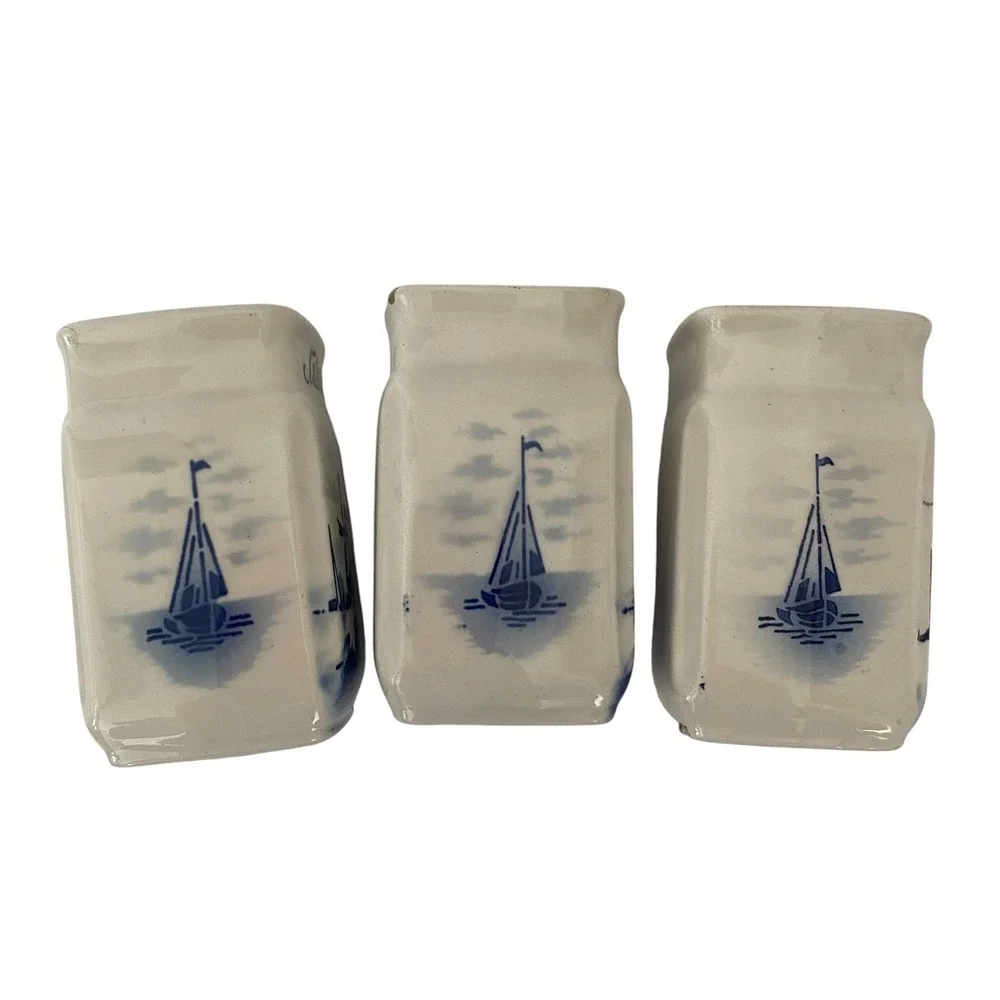 Vintage A.W. Germany Delft Style Blue White Ceramic Spice Jars Set of 3 Windmill